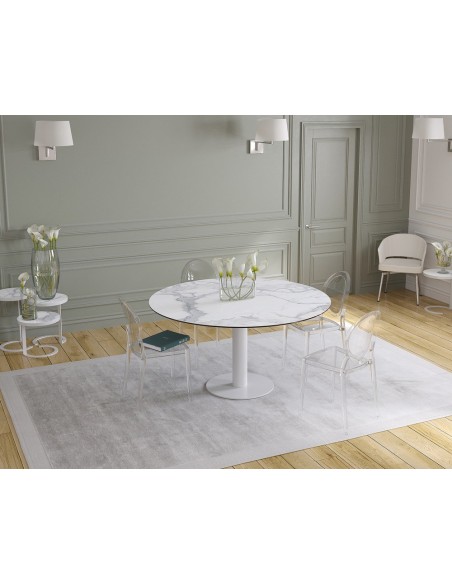 UNA - Table de repas extensible deux allonges intégrées pied central acier laqué blanc