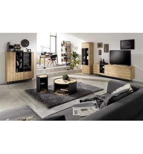 CHIC - Buffet haut 1 porte bois, 1 porte vitrée, 1 tiroir...