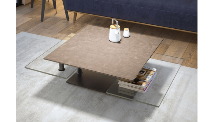 QUAD - Table basse plateaux pivotants céramique ou verre avec piètement acier