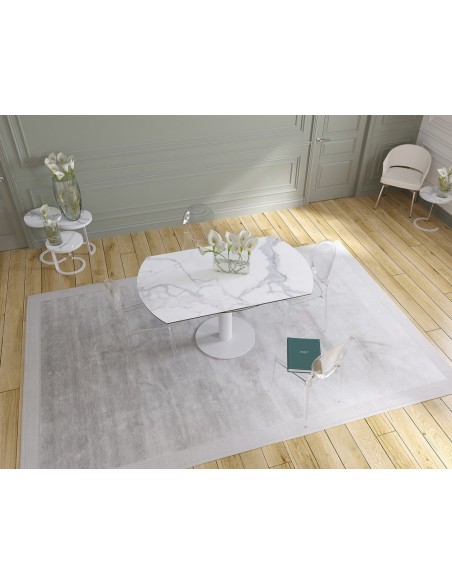 UNA - Table de repas extensible deux allonges intégrées pied central acier laqué blanc