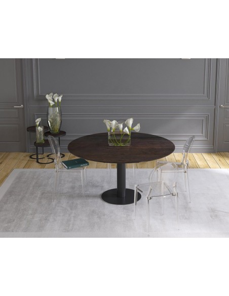 UNA - Table de repas extensible deux allonges intégrées pied central acier laqué noir