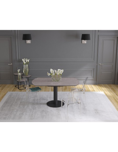 UNA - Table de repas extensible deux allonges intégrées pied central acier laqué noir