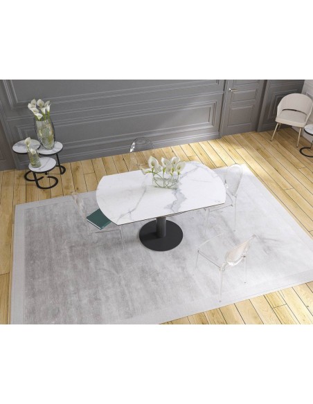 UNA - Table de repas extensible deux allonges intégrées pied central acier laqué noir