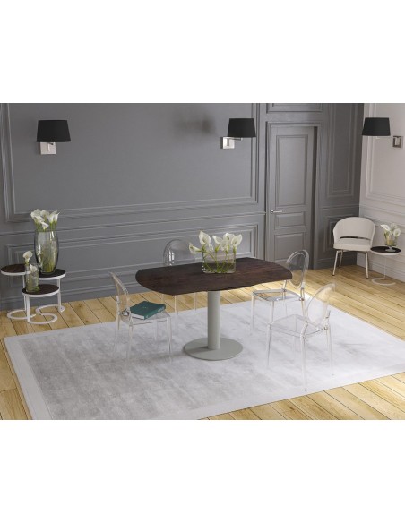 UNA - Table de repas extensible deux allonges intégrées pied central acier laqué gris