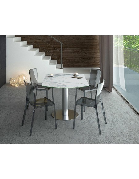 UNA - Table de repas extensible deux allonges intégrées pied central acier inox brossé