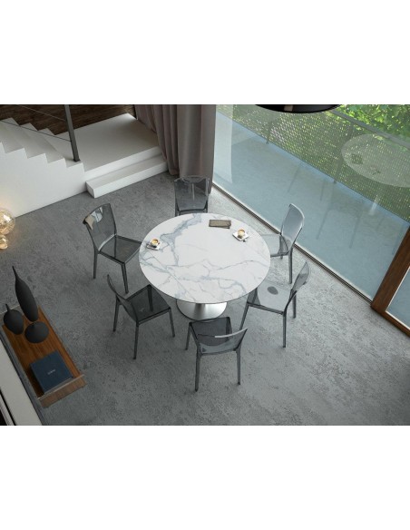UNA - Table de repas extensible deux allonges intégrées pied central acier inox brossé