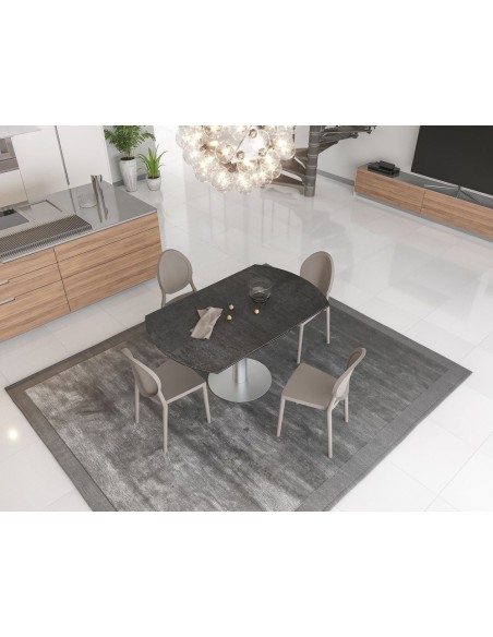 UNA - Table de repas extensible deux allonges intégrées pied central acier inox brossé